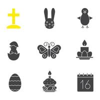 Easter glyph icons set. April 16 silhouette symbols. Cross on hill, newborn chicken in egg shell, Easter bunny, eggs with cake and candles, calendar, butterfly. Vector isolated illustration