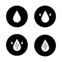 Water energy icons set. Water drops. Hydro power plant. Vector white silhouettes illustrations in black circles