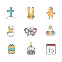 Easter color icons set. Cross on hill, newborn chicken in egg shell, Easter bunny, eggs with cake and candles, April 16 calendar, butterfly. Isolated vector illustrations