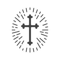 Christian crucifix with light around glyph icon. Silhouette symbol. Easter cross. Negative space. Vector isolated illustration