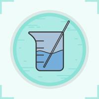 Beaker with rod and liquid color icon. Chemical experiment. Isolated vector illustration