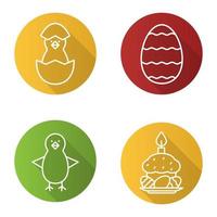 Pascua plana lineal larga sombra conjunto de iconos. pollos recién nacidos, huevos de pascua, pastel y vela. ilustración de línea vectorial vector