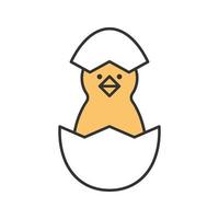 Newborn chicken color icon. Nestling in egg shell. Isolated vector illustration