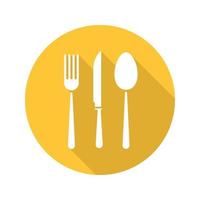 Cutlery set flat design long shadow icon. Fork, spoon and knife. Vector silhouette symbol