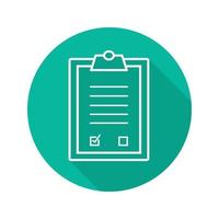 Tests clipboard checklist. Flat linear long shadow icon. Medical clip board. Vector line symbol