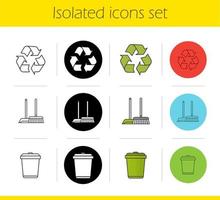 Cleaning service icons set. Linear, black and color styles. Environment protection. Recycle symbol, mop and dustpan, wastebasket. Isolated vector illustrations