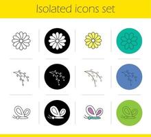 Spring icons set. Linear, black and color styles. Butterfly, aster flower, willow blossom. Nature. Isolated vector illustrations