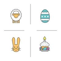 Easter color icons set. Easter bunny, lamb, egg and cake with eggs and candle on plate. Isolated vector illustrations