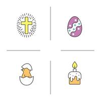 Easter color icons set. Newborn chicken, cross with light around, Easter egg, cake with glaze and candle. Isolated vector illustrations