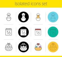 Easter icons set. Linear, black and color styles. Newborn chicken, April 16 calendar date, Easter basket with eggs and bow. Isolated vector illustrations