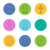 Easter linear icons set. Christian crucifix, Holy Bible, church, chicken, Easter lambs, bunny and crosses. Thin line contour symbols on color circles. Vector illustrations