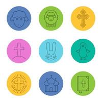 Easter linear icons set. Christian crucifix, Holy Bible, church, chicken, Easter lambs, bunny and crosses. Thin line contour symbols on color circles. Vector illustrations