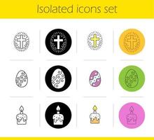 Easter icons set. Linear, black and color styles. Cross with light around, Easter egg, melting candle. Isolated vector illustrations