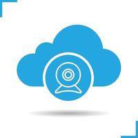 Cloud storage webcam icon. Drop shadow silhouette symbol. Cloud computing. Web camera. Negative space. Vector isolated illustration