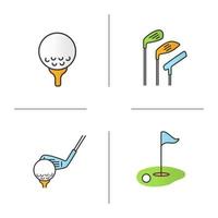 Golf color icons set. Golf course, clubs, ball on tee. Isolated vector illustrations