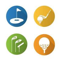 Conjunto de iconos de larga sombra de diseño plano de golf. campo de golf, palos, pelota en tee. ilustración de silueta de vector