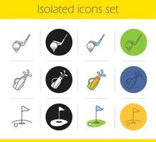 Golf icons set. Linear, black and color styles. Golf clubs in bag, ball on tee, course. Isolated vector illustrations