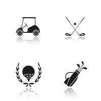 Golf championship drop shadow black icons set. Ball in laurel wreath, crossed clubs, cart and bag. Isolated vector illustrations