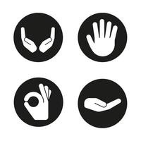 Hand gestures icons set. Begging and cupped hands, palm, ok gesture. Vector white silhouettes illustrations in black circles