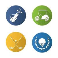 Golf championship flat design long shadow icons set. Ball in laurel wreath, crossed clubs, cart and bag. Vector silhouette illustration
