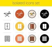 Furniture icons set. Flat design, linear, black and color styles. Dresser, wardrobe and ironing board. Isolated vector illustrations