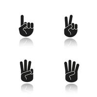 Hand gestures drop shadow black icons set. One, two, three and four fingers up. Isolated vector illustrations