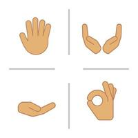 Hand gestures color icons set. Begging and cupped hands, palm, ok gesture. Isolated vector illustrations