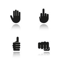Hand gestures drop shadow black icons set. Middle finger up, palm, punch, thumbs up. Isolated vector illustrations