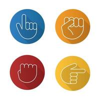 Hand gestures flat linear long shadow icons set. Squeezed and raised fists, hands pointing right and up. Vector line illustration