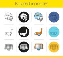 Ice hockey icons set. Linear, black and color styles. Helmet, puck in gates, stick. Isolated vector illustrations