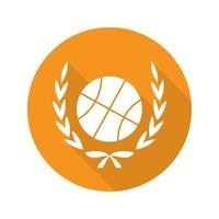 Icono de la larga sombra de diseño plano de campeonato de baloncesto. pelota de baloncesto en corona de laurel. símbolo de la silueta del vector