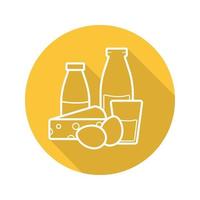 productos lácteos icono plano lineal larga sombra. yogur, botella y vaso de leche, huevos y queso. artículos de la tienda de comestibles. símbolo de línea vectorial vector