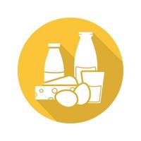 Dairy products flat design long shadow icon. Yogurt, bottle and glass of milk, eggs and cheese. Grocery store items. Vector silhouette symbol