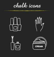 Manicure chalk icons set. Nail polish bottles, woman's hand with manicure, cream jar. Isolated vector chalkboard illustrations