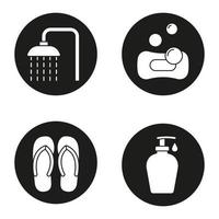 Spa salon icons set. Spa salon shower, flip flops, sponge with bubbles, shower gel with drop. Vector white silhouettes illustrations in black circles