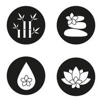 conjunto de iconos de salón de spa. aromaterapia. masaje de piedras, gota de aceite aromático, flores de spa y bambú con hojas. ilustraciones de siluetas blancas vectoriales en círculos negros vector