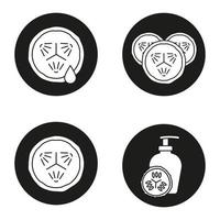 Cosmetology cucumbers icons set. Cucumber slices with juice drop, facial mask. Vector white silhouettes illustrations in black circles