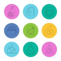 Spa salon linear icons set. Girl, sponge with bubbles, cream jar, yoga pose, cucumber lotion, shower, candles, salt bottle, bath. Thin line contour symbols on color circles. Vector illustrations