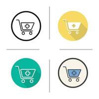 Drugstore shopping icon. Flat design, linear and color styles. Pharmacy. Shopping cart with medical cross. Isolated vector illustrations