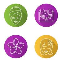 Spa salon flat linear long shadow icons set. Woman with cucumber facial mask, girl with plumeria flower, spa nails bath. Vector line illustration