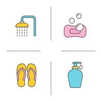 Spa salon color icons set. Spa salon shower, flip flops, sponge with bubbles, shower gel with drop. Isolated vector illustrations