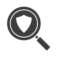 Antivirus program search glyph icon. Cyber security silhouette symbol. Magnifying glass with protection shield. Negative space. Vector isolated illustration