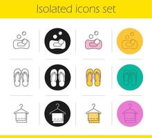 Spa salon icons set. Linear, black and color styles. Flip flops, clean towels on clothes hanger, sponge with bubbles. Isolated vector illustrations