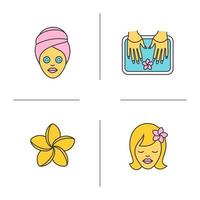 Spa salon color icons set. Woman with cucumber facial mask, girl with plumeria flower, spa nails bath. Isolated vector illustrations