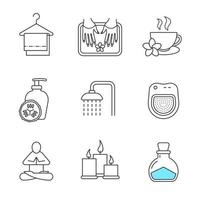 Spa salon linear icons set. Towels on clothes hanger, yoga pose, cucumber lotion, shower, herbal teacup, candles, salt bottle, spa salon bath. Thin line contour symbols. Isolated vector illustrations