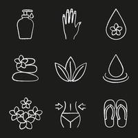 Spa salon chalk icons set. Aroma oil drops, cream, woman's hand with manicure, stones massage, loose leaves, flowers, weight loss, flip flops. Isolated vector chalkboard illustrations