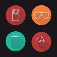 Conjunto de iconos planos lineales de larga sombra de accesorios para hombres. petaca de alcohol, paquete de cigarrillos abierto, gafas de sol y mechero. ilustración de línea vectorial vector