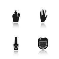 Manicure drop shadow black icons set. Woman's hand with manicure, nail polish bottle, lotion with drop, spa salon manicure bath. Isolated vector illustrations