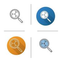Molecular structure analysis icon. Flat design, linear and color styles. Magnifying glass. Isolated vector illustrations