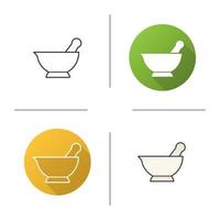 Mortar and pestle icon. Flat design, linear and color styles. Naturopathy. Alternative herbal medicine. Isolated vector illustrations